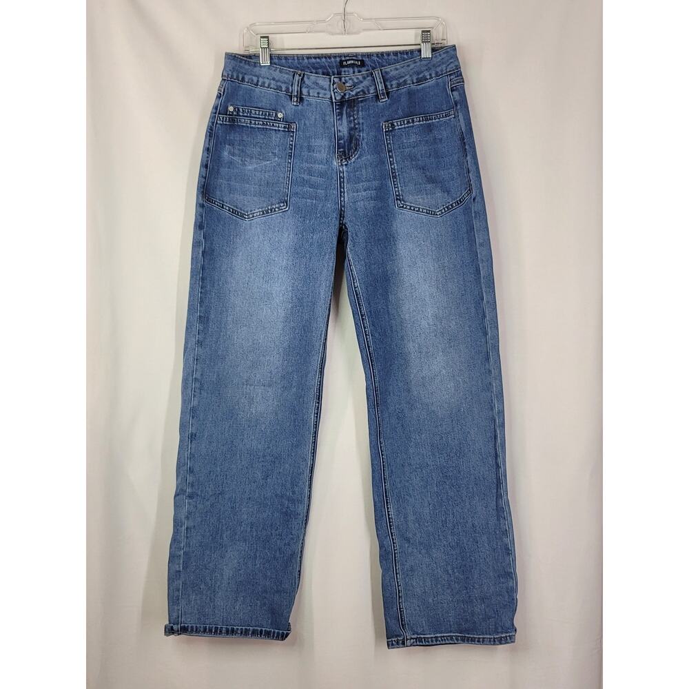 FLAMINGALS Wide Leg High Waist Front Patch Pockets Stretch Denim Jeans Size L - Picture 7 of 7